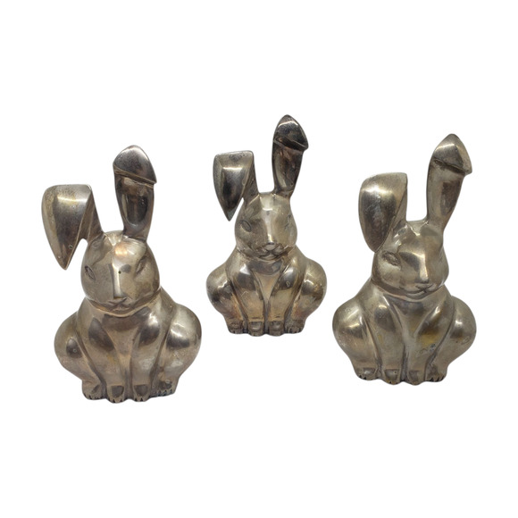 Vintage Pottery Barn 3 Sitting Bunny Rabbit Figurine Set Silver Plate 1990s - Picture 1 of 10